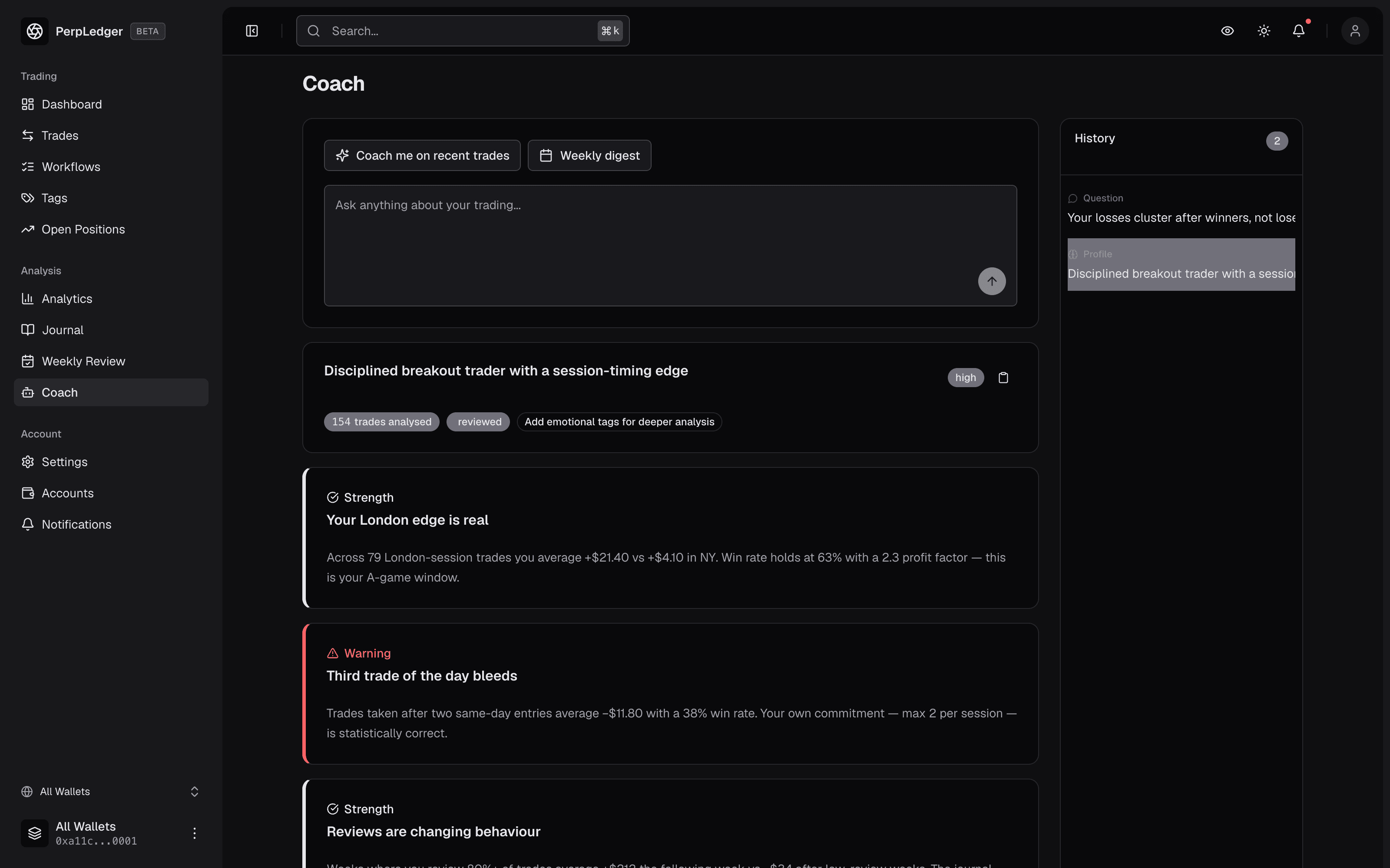 AI coach insight grounded in trade history